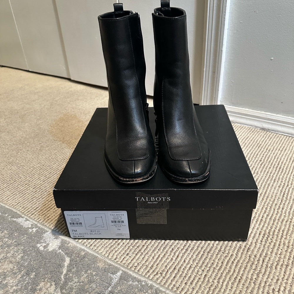 Talbots “Blake” Black Leather Square-Toe Boots